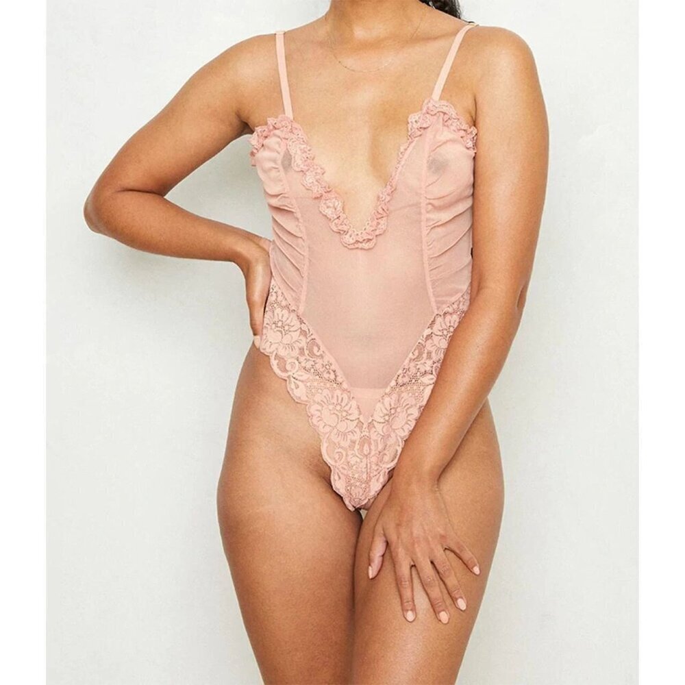 New! We are HAH Pink Lace Ruffle Floral Bodysuit Size Large 41790